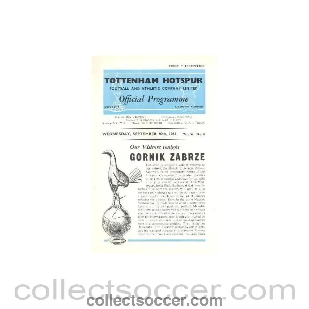 1961 - Tottenham Hotspur v Gornik Zabrze official programme 20/09/1961 - Collect Soccer