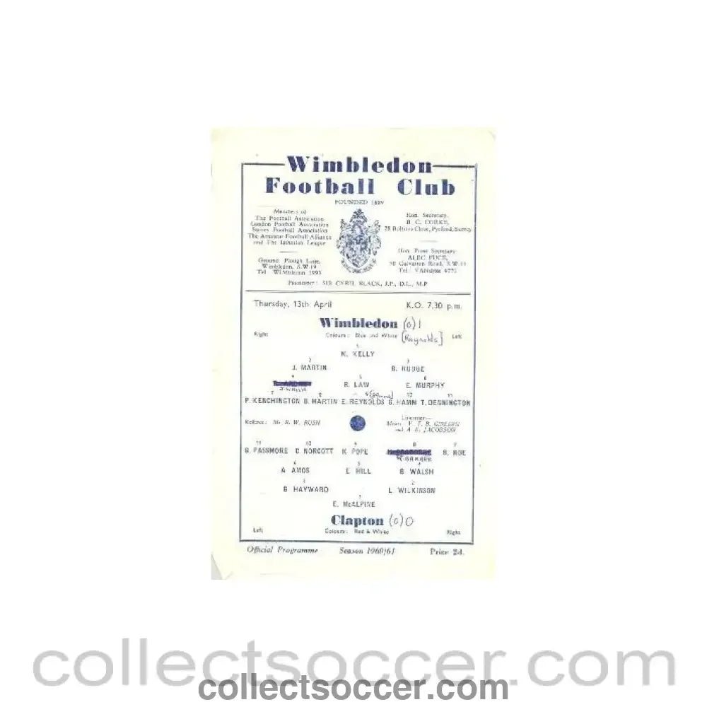 1961 - Wimbledon v Clapton official programme 13/04/1961 - Collect Soccer