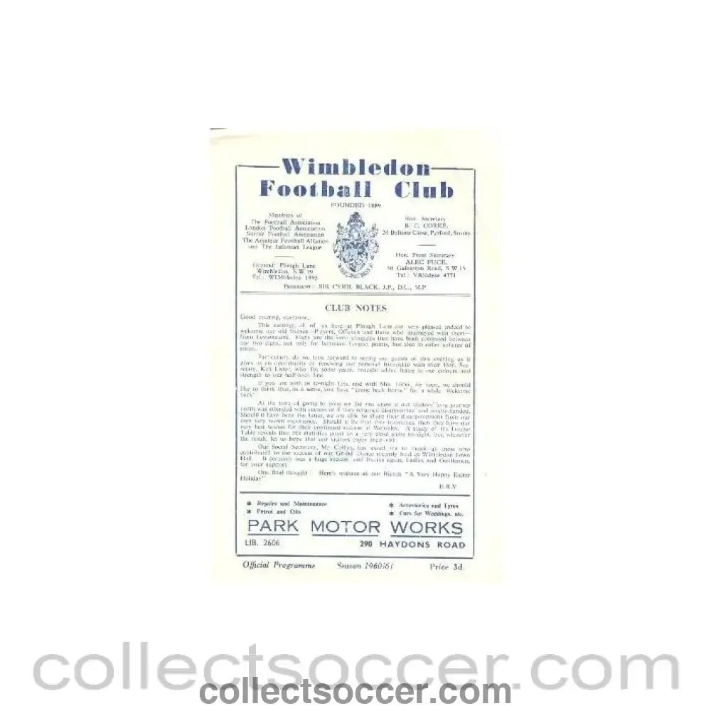 1961 - Wimbledon v Leytonstone official programme 28/03/1961 - Collect Soccer
