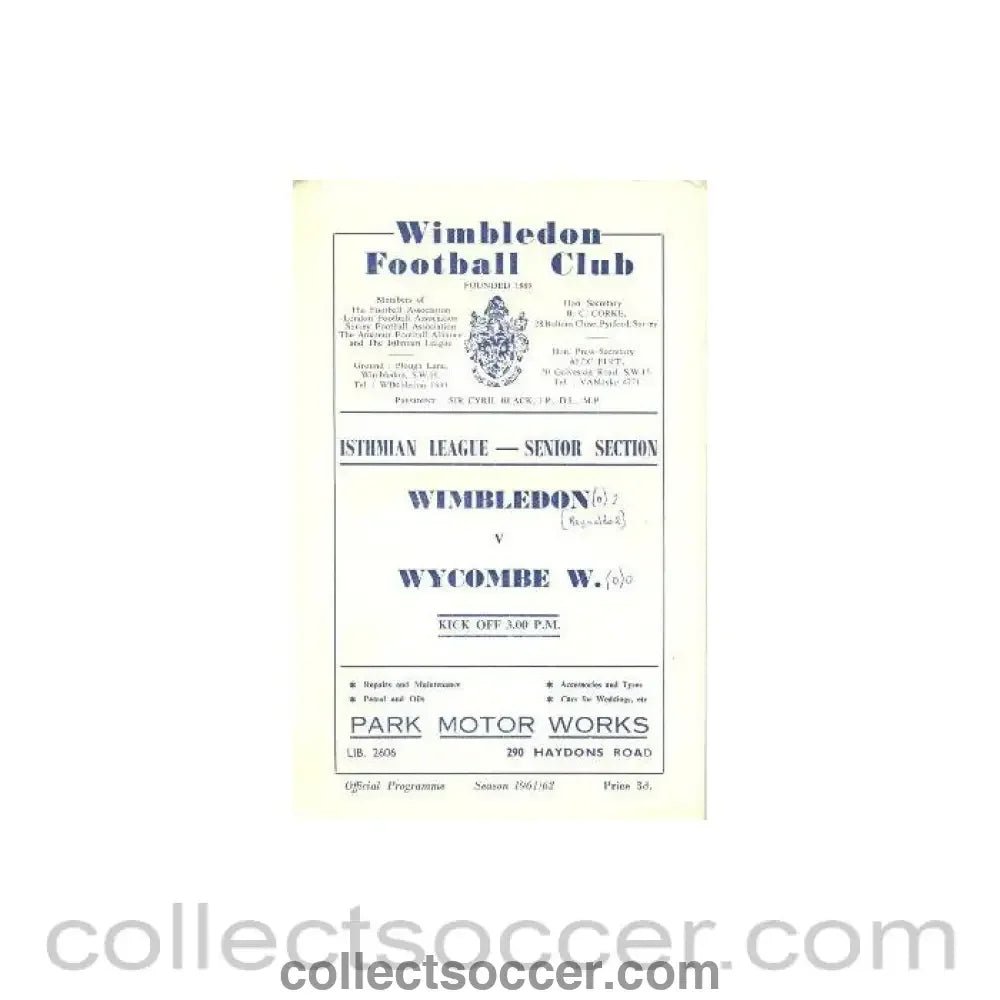 1961 - Wimbledon v Wycombe Wanderers Isthmian League - Senior Section official programme 14/10/1961 - Collect Soccer