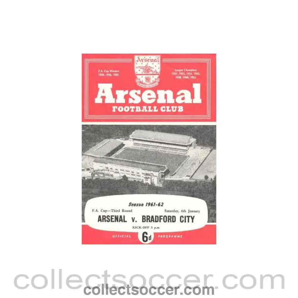 1962 - Arsenal v Bradford City official programme 06/01/1962