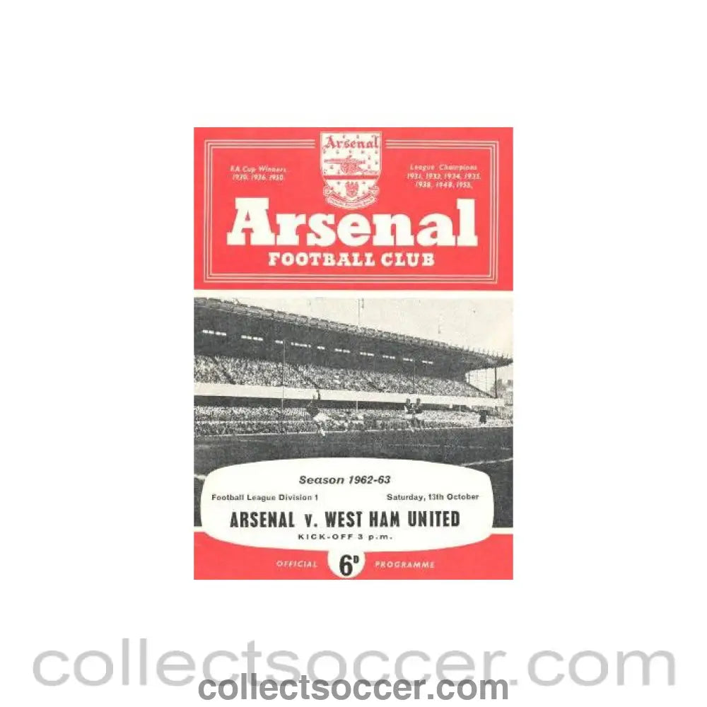 1962 - Arsenal v West Ham United official programme 13/10/1962
