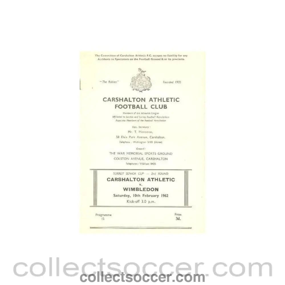1962 - Carshalton Athletic v Wimbledon official programme 10/02/1962 - Collect Soccer