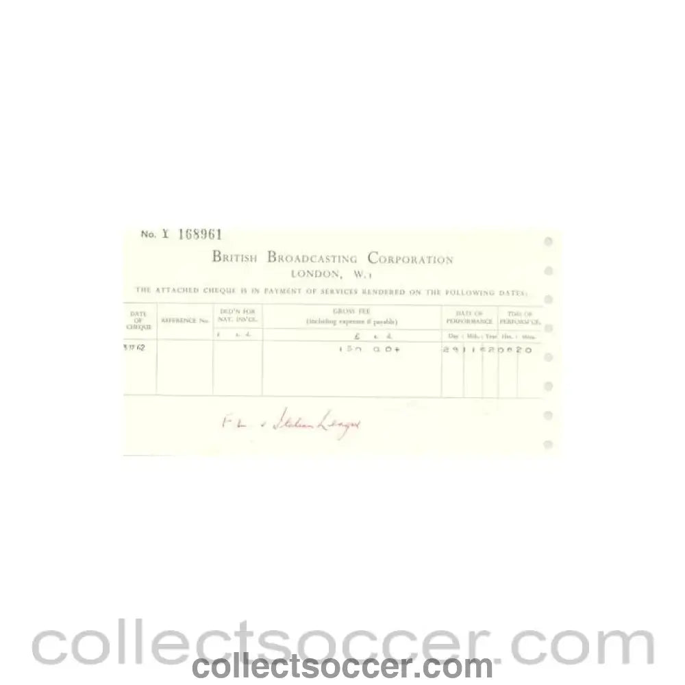 1962 - Cheque from BBC of 03/12/1962 about the football match The Football League v The Italian Football League on 29/11/1962 - Collect Soccer
