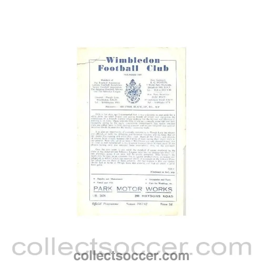 1962 - Isthmian League v Athenian League at Wimbledon official programme 10/04/1962 - Collect Soccer