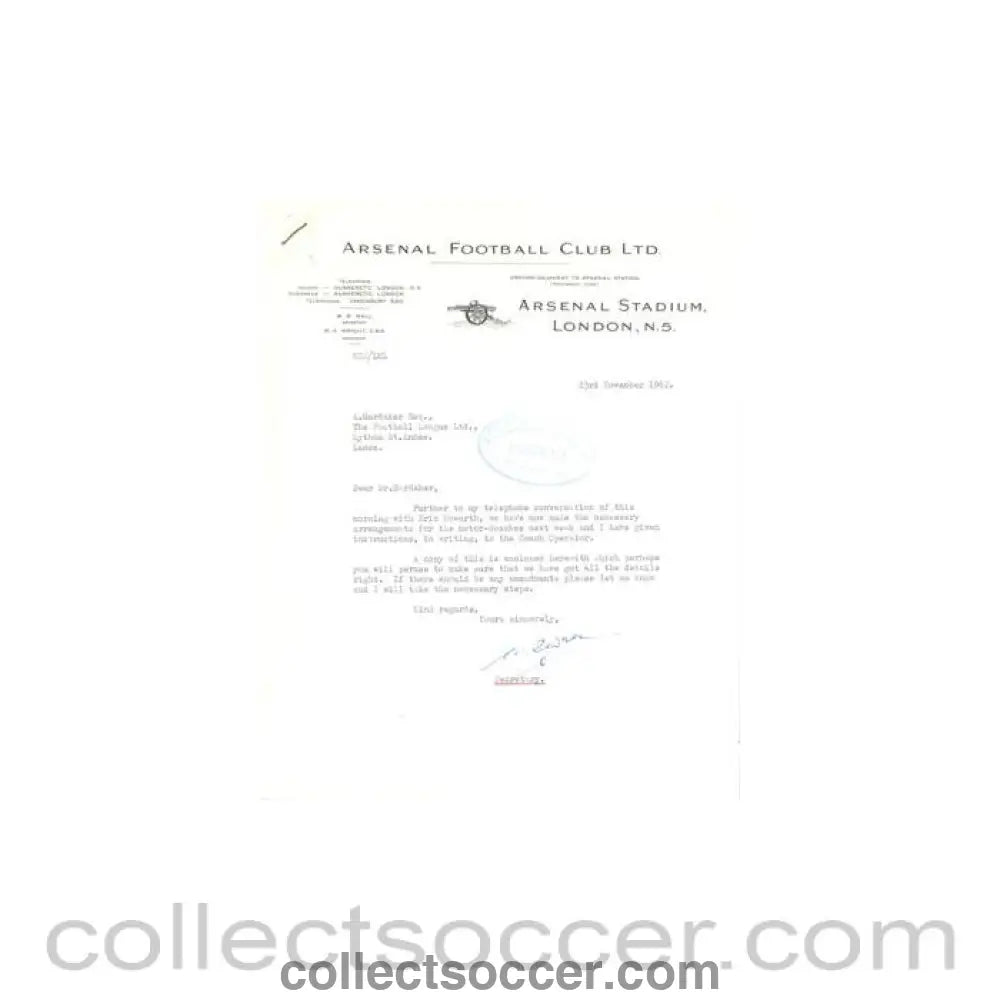 1962 - Letter from Arsenal Stadium originally signed by the Secretary of 23/11/1962
