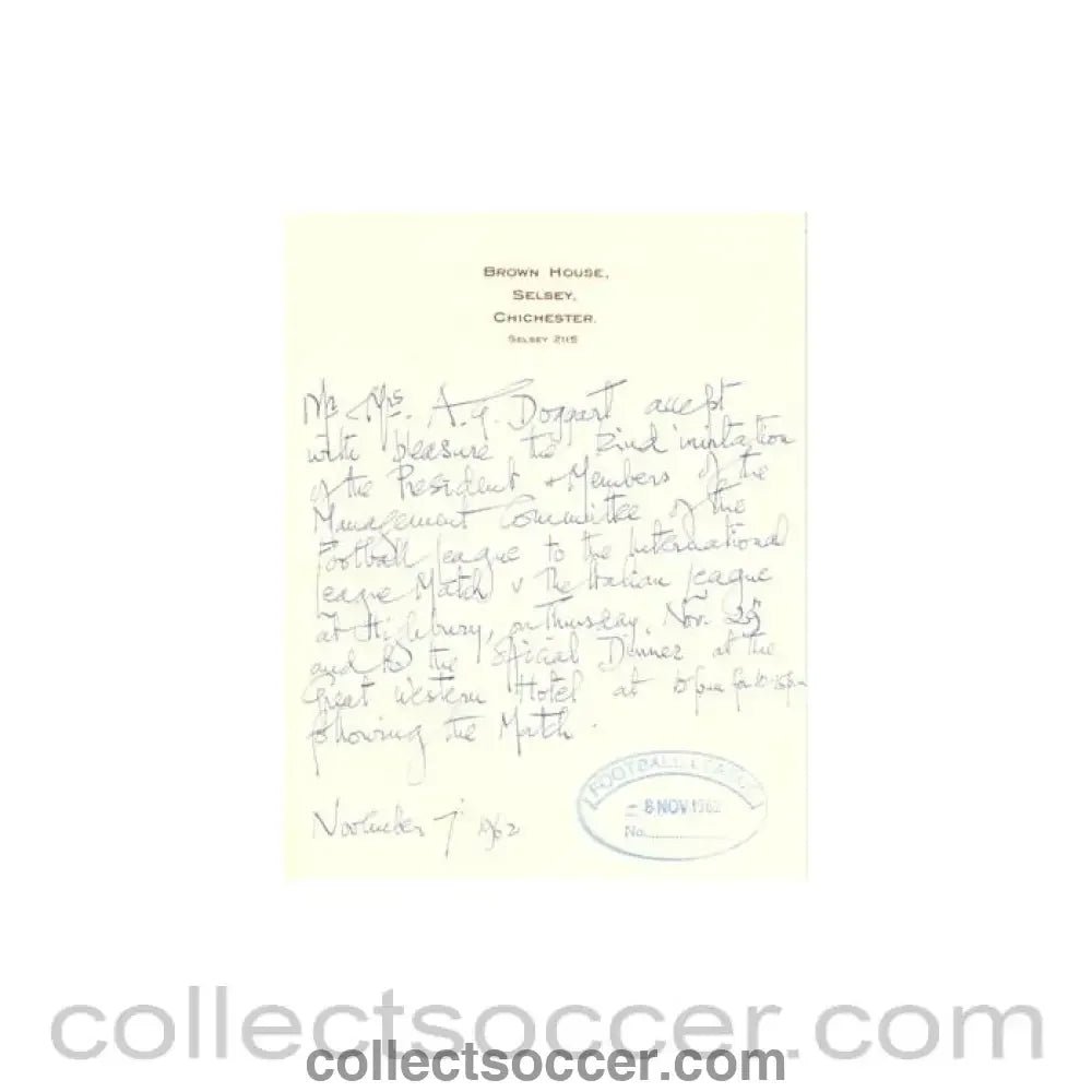 1962 - Letter from Mr. & Mrs. A.G. Doggart of 07/11/1962 to The Football League about the football match The Football League v The Italian Football League on 29/11/1962 - Collect Soccer