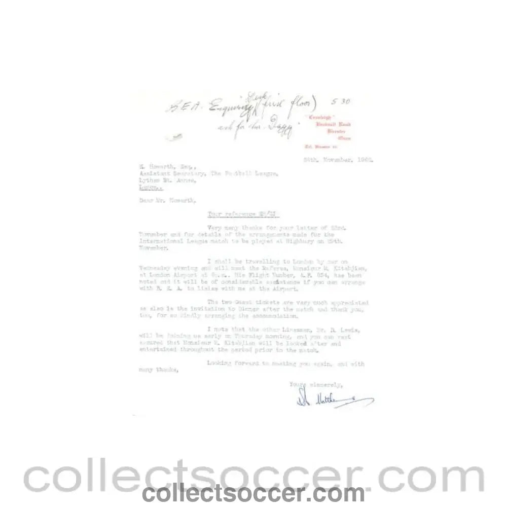 1962 - Letter from N. Matthews, originally signed, of 24/11/1962 to The Football League - Collect Soccer