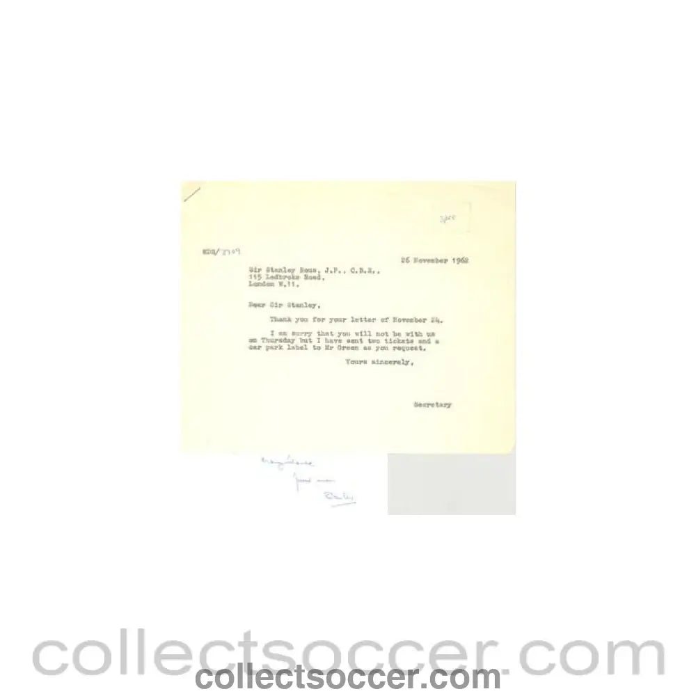 1962 - Letter from Sir Stanley Rous, Federation Internationale de Football Association, originally signed by him, of 24/11/1962 - Collect Soccer