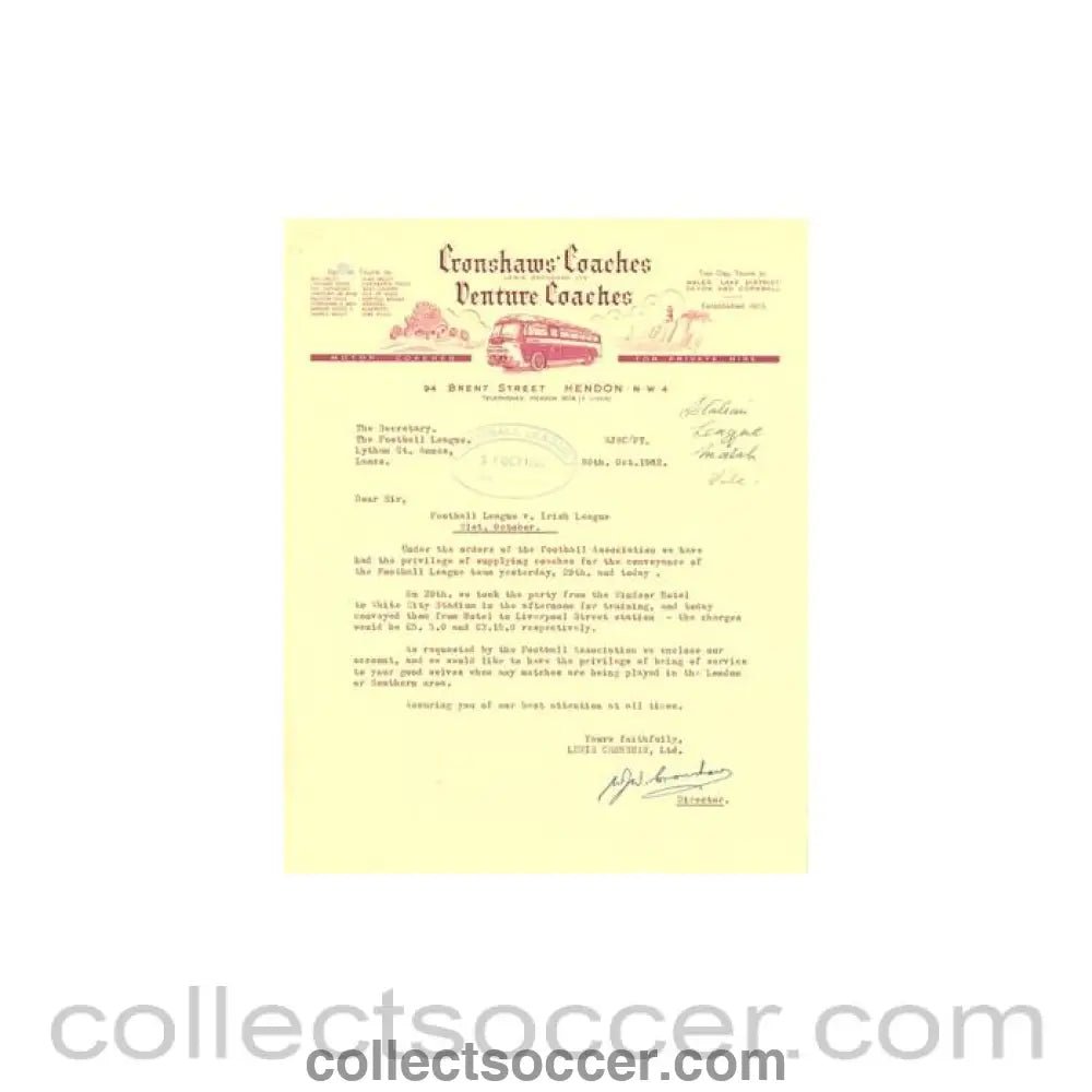 1962 - Letter from the Director of Cronshaw's Coaches of 30/10/1962, originally signed by the Director Lewis Cronshaw, to FL - Collect Soccer
