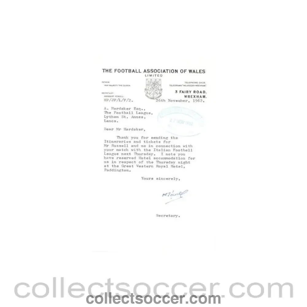 1962 - Letter from The F.A. of Wales, originally signed, of 26/11/1962 to FL - Collect Soccer