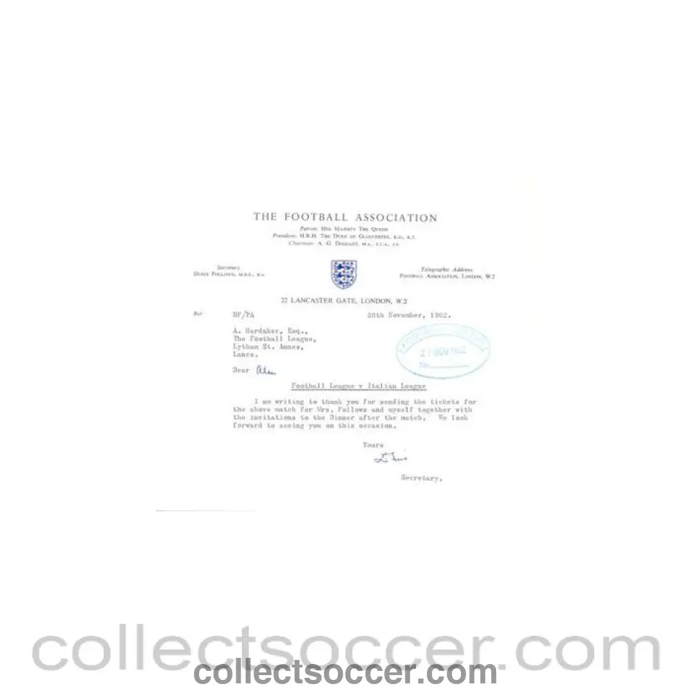 1962 - Letter from the F.A., originally signed by the Secretary, of 26/11/1962 to Alan Hardaker of The Football League - Collect Soccer