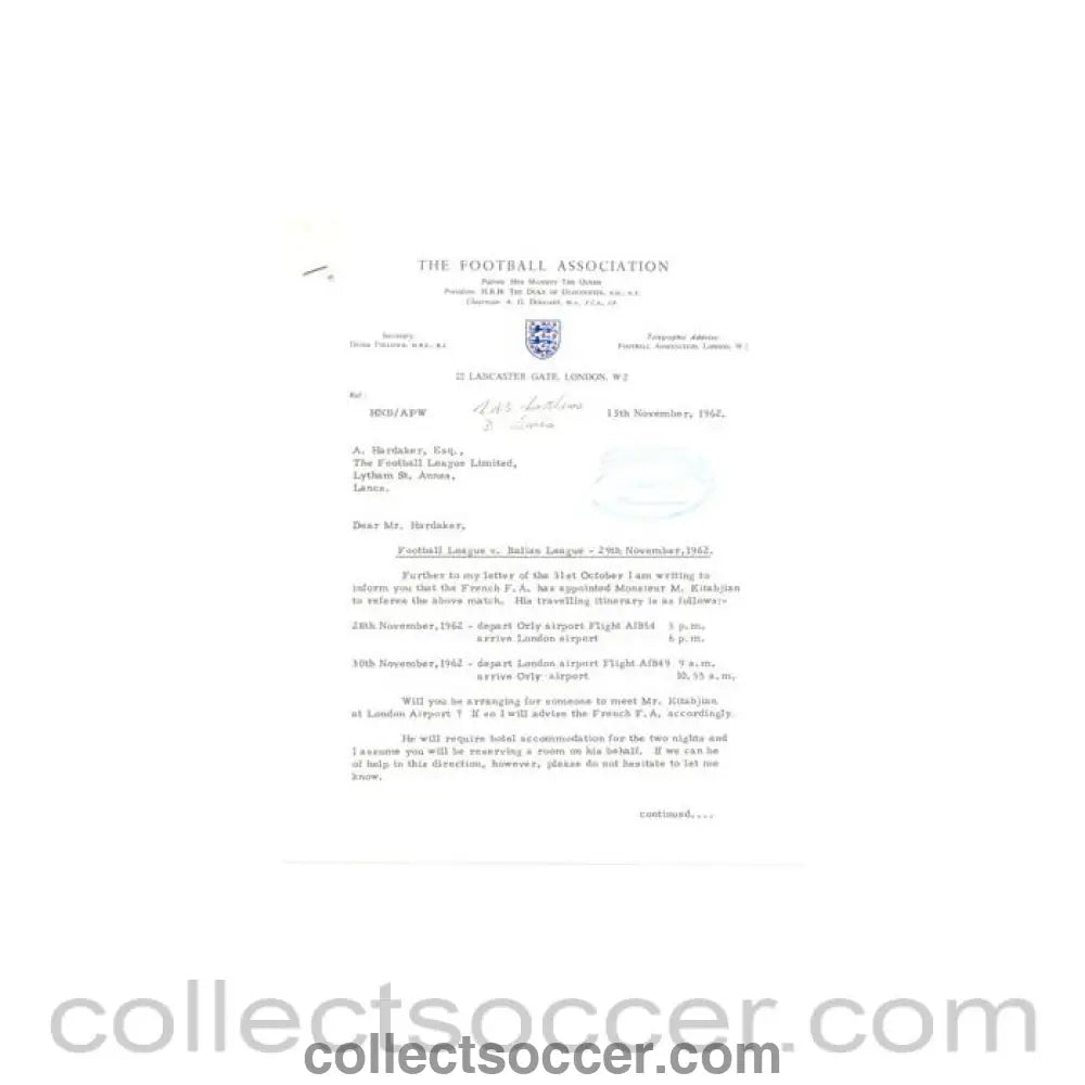 1962 - Letter from the F.A., signed, of 13/11/1962 to Alan Hardaker of The Football League - Collect Soccer