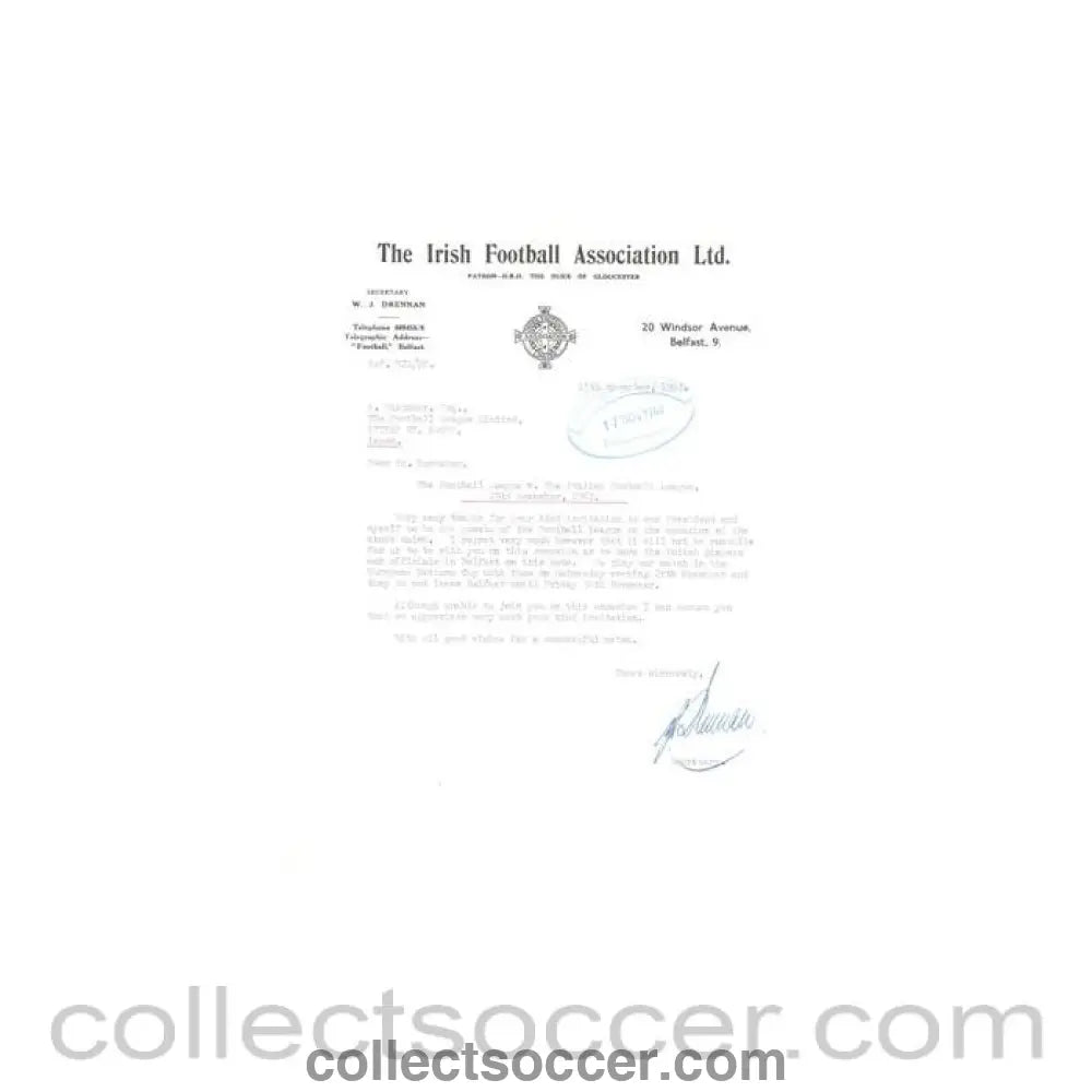 1962 - Letter from The Irish F.A. Belfast, originally signed, of 15/11/1962 to FL - Collect Soccer