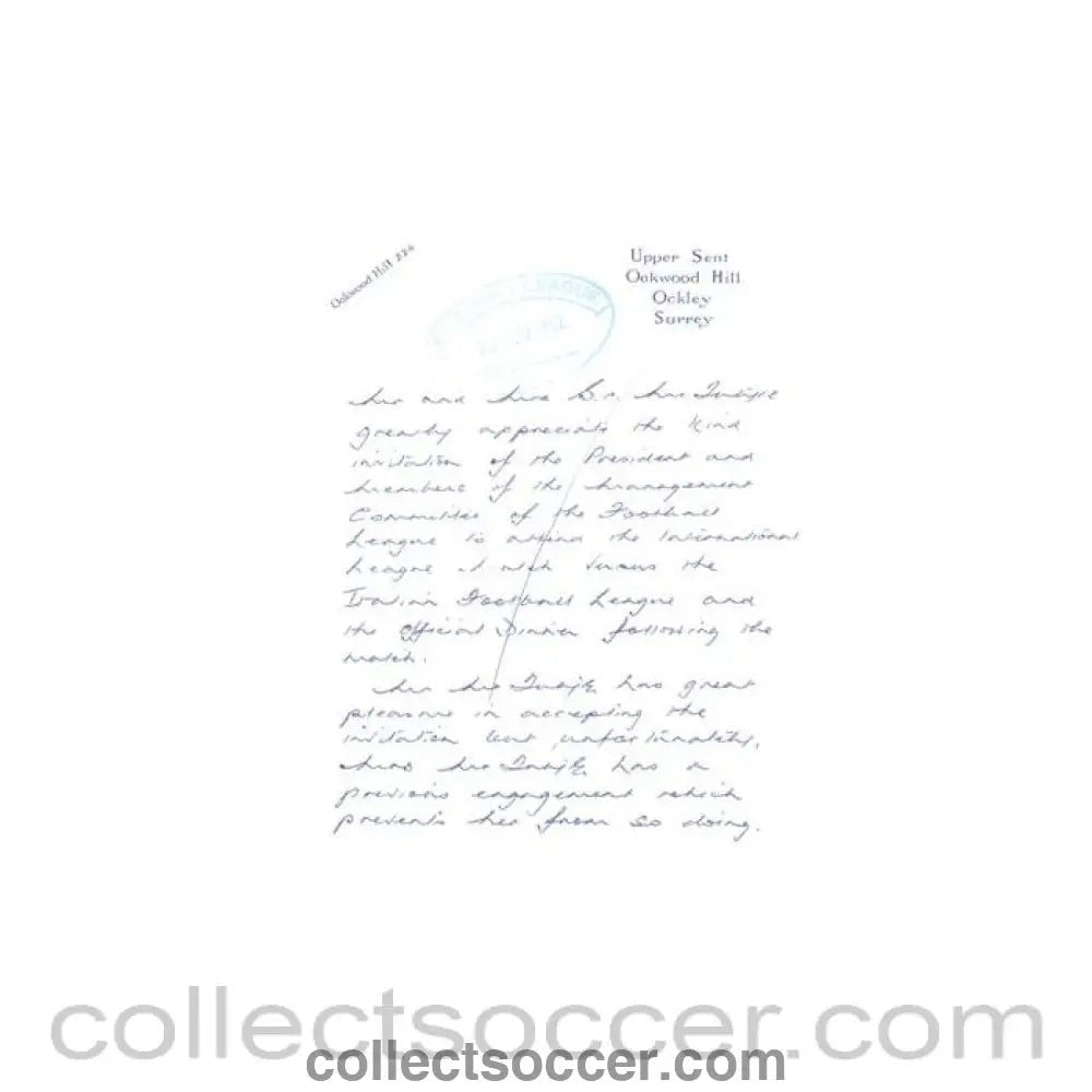 1962 - Letter of 10/11/1962 to The Football League about the football match The Football League v The Italian Football League on 29/11/1962 - Collect Soccer