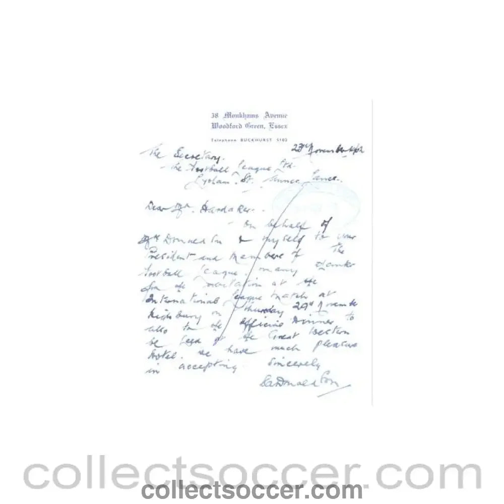 1962 - Letter of 23/11/1962 originally signed to Alan Hardaker Secretary of The Football League