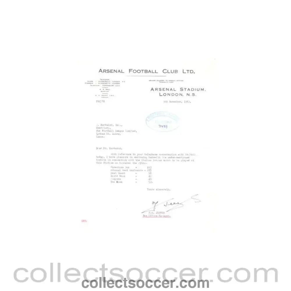 1962 - Letter of Arsenal Stadium, originally signed by the F.G. Jeeves Box Office Manager of 09/11/1962 - Collect Soccer