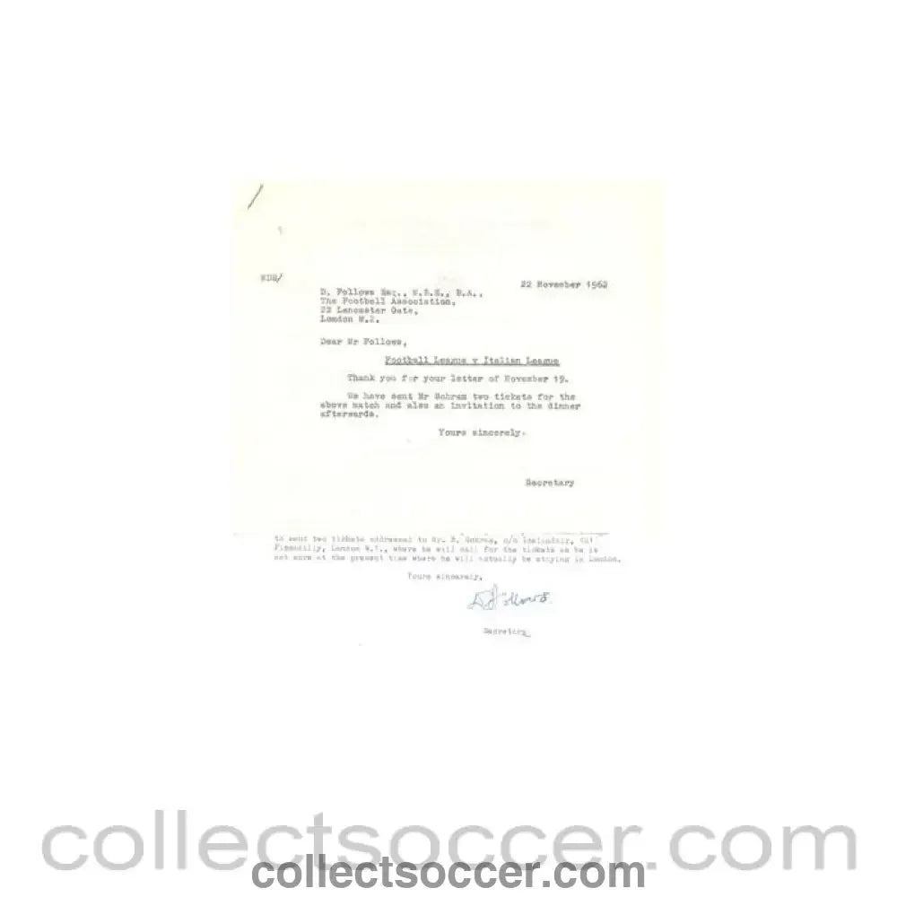 1962 - Letter of The Football Association originally signed by the Secretary f 19/11/1962