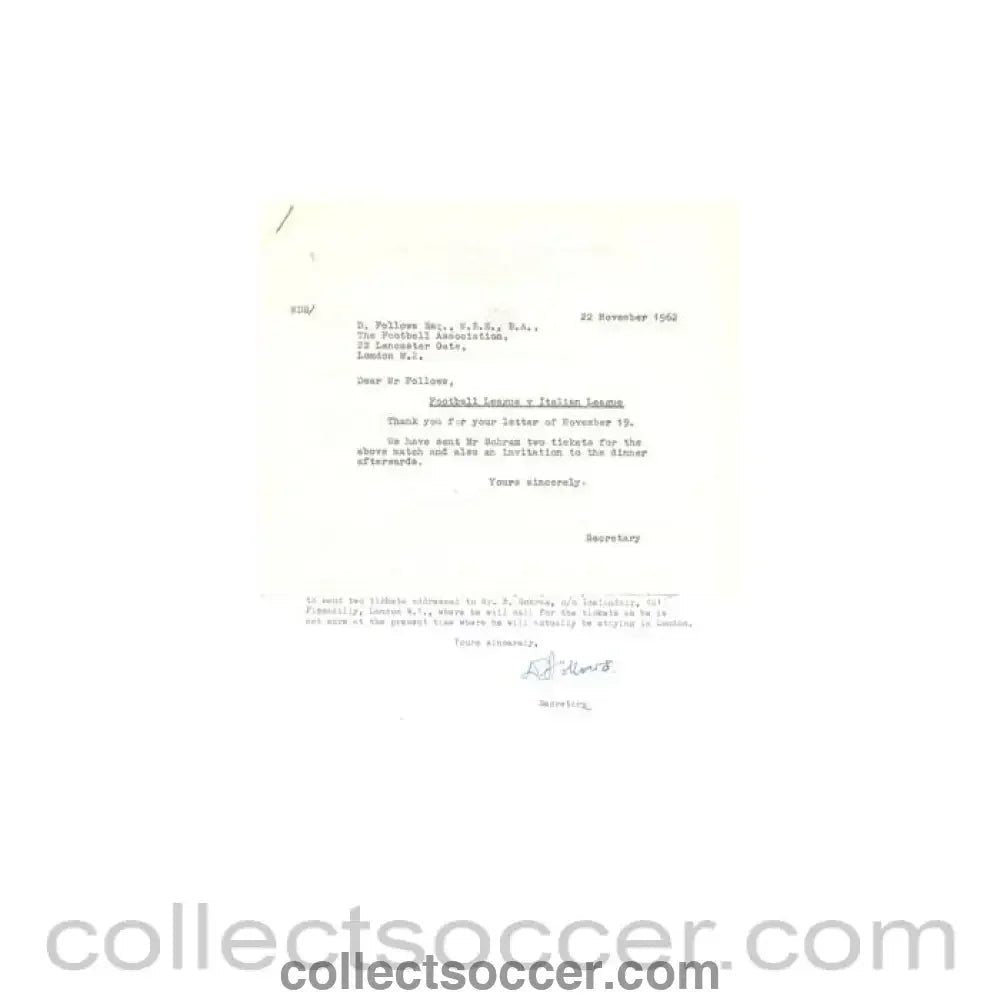 1962 - Letter of The Football Association, originally signed by the Secretary f 19/11/1962 - Collect Soccer
