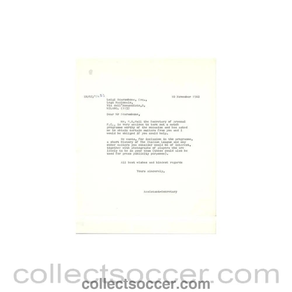 1962 - Letter of The Football League of 10/11/1962 to Luigi Scarambone of The Italian League - Collect Soccer