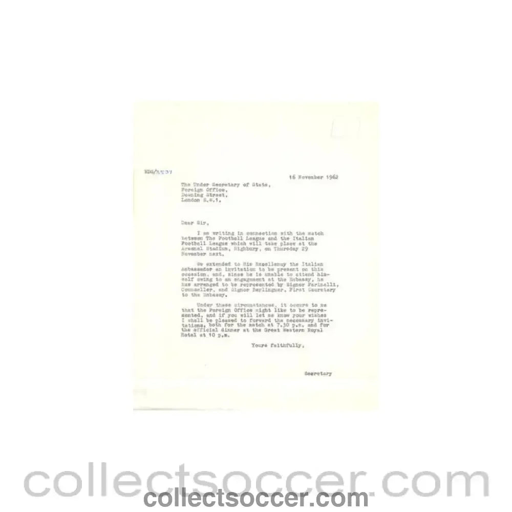 1962 - Letter of The Football League of 16/11/1962 to The Foreign Office