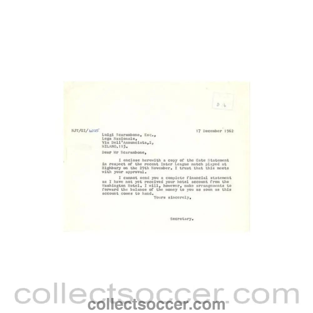 1962 - Letter of The Football League of 17/12/1962 to Luigi Scarambone of The Italian League - Collect Soccer