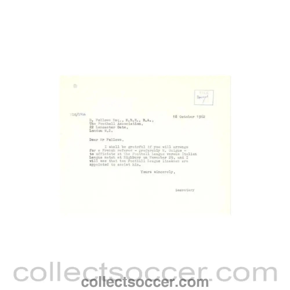 1962 - Letter of The Football League of 18/10/1962 to the F.A. D. Follows - Collect Soccer