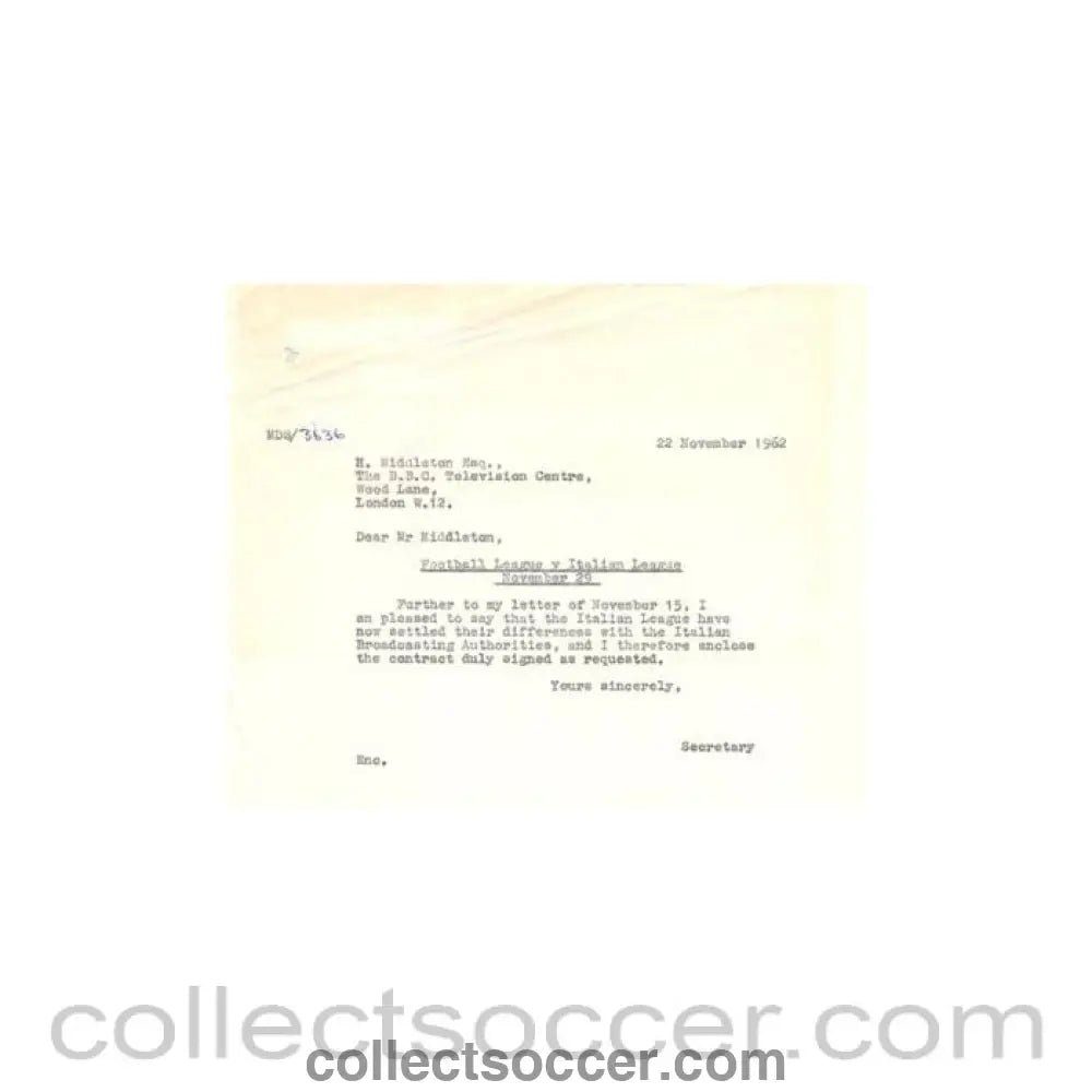 1962 - Letter of The Football League of 22/11/1962 to H. Middleton BBC TV Centre - Collect Soccer