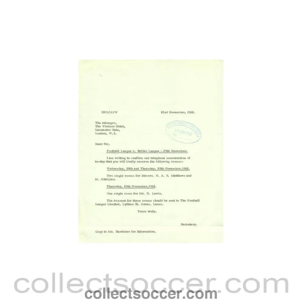 1962 - Letter of The Football League of 23/11/1962 to The Manager of The Windsor Hotel - Collect Soccer