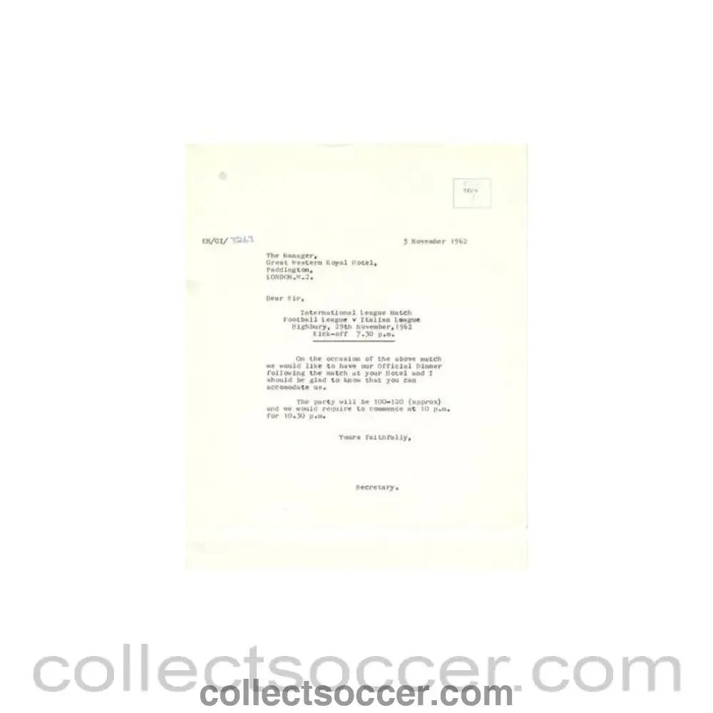 1962 - Letter of The Football League to the Manager of Great Western Royal Hotel of 05/11/1962 - Collect Soccer