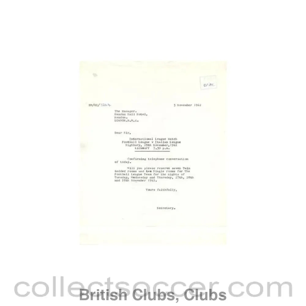1962 - Letter of The Football League to the Manager of Hendon Hall Hotel of 05/11/1962