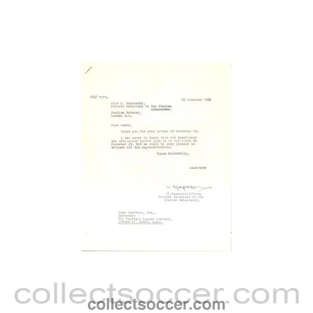 1962 - Letter of The Italian Embassy originally signed by the Secretary of 15/11/1962