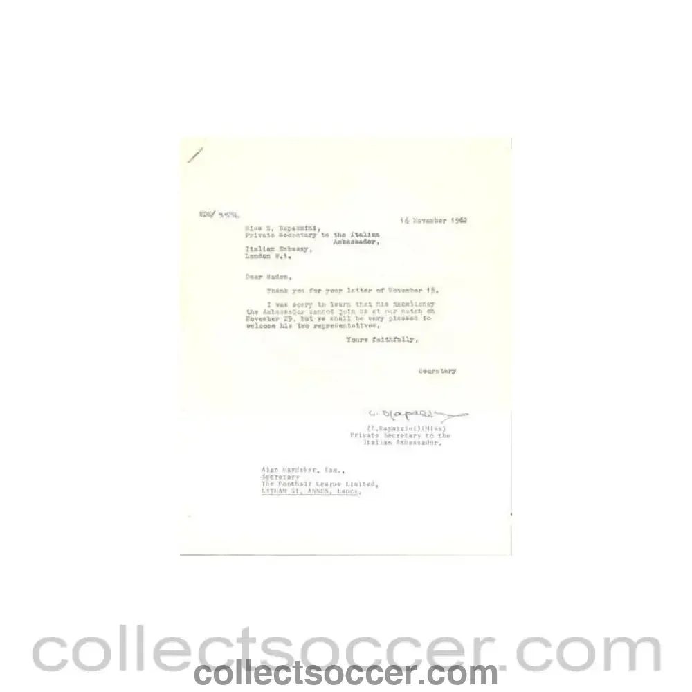 1962 - Letter of The Italian Embassy, originally signed by the Secretary, of 15/11/1962 - Collect Soccer
