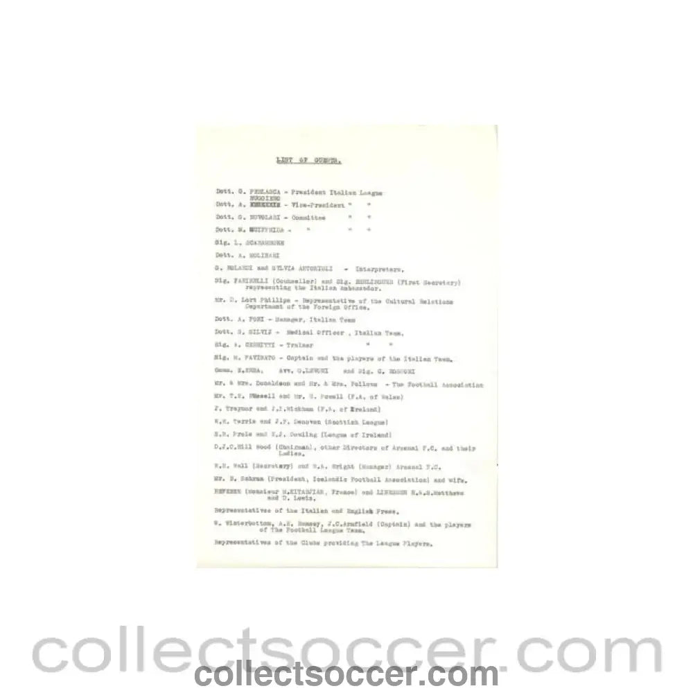 1962 - List of Guests about the football match The Football League v The Italian Football League on 29/11/1962 - Collect Soccer
