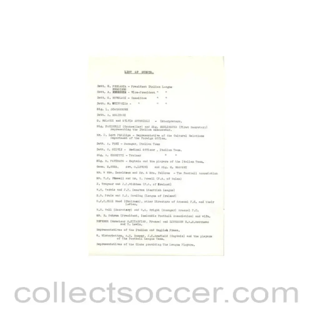 1962 - List of Guests about the football match The Football League v The Italian Football League on 29/11/1962