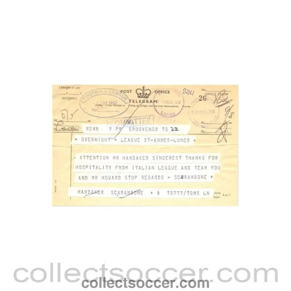 1962 - Telegram from Signor L. Scarambone of The Italian League of 01/12/1962 to Alan Hardaker Secretary of The Football League - Collect Soccer