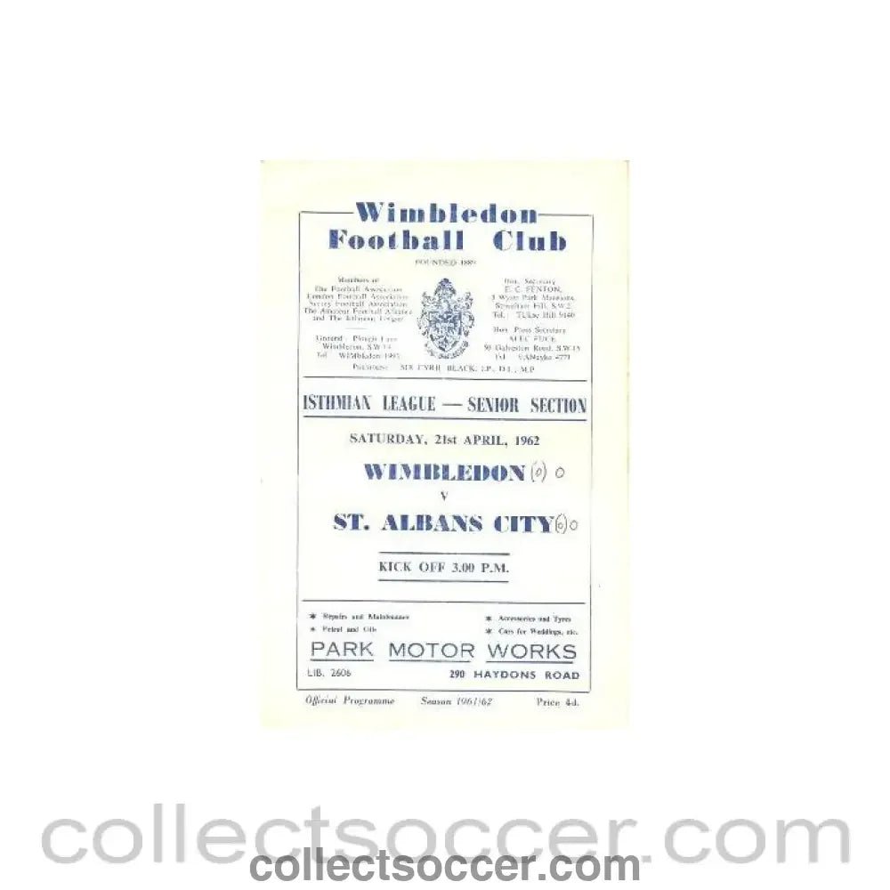 1962 - Wimbledon v St. Albans City official programme 21/04/1962 - Collect Soccer