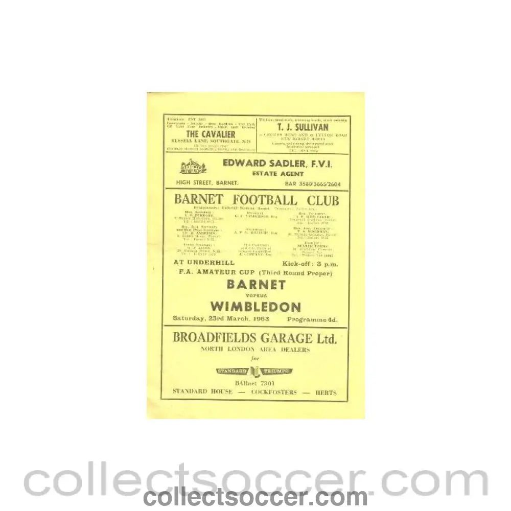 1963 - Barnet v Wimbledon official programme 23/03/1963 - Collect Soccer