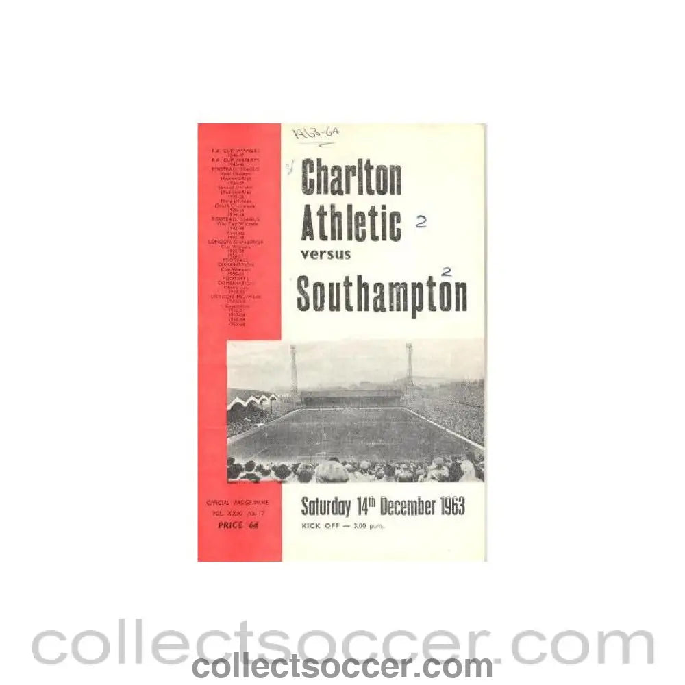 1963 - Charlton Athletic v Southampton official programme 14/12/1963