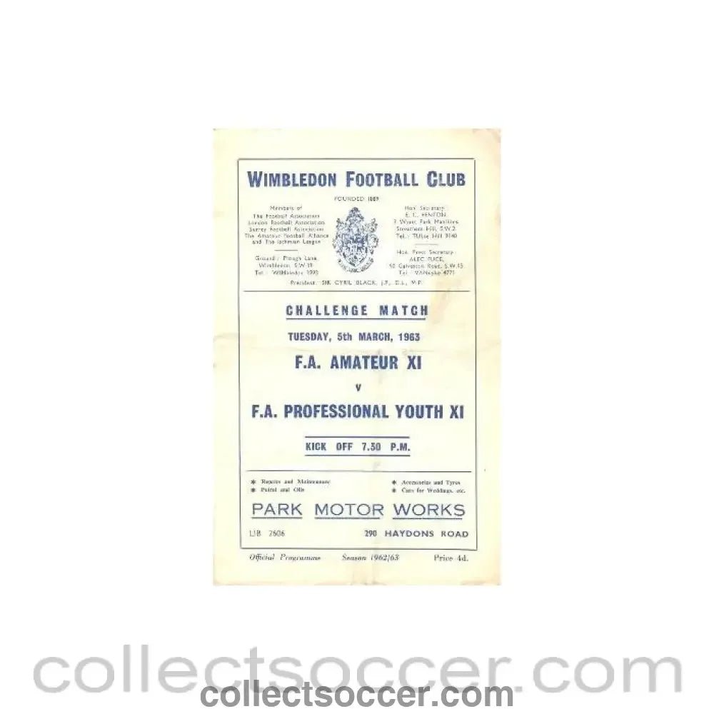 1963 - F.A. Amateur XI v F.A. Professional Youth XI at Wimbledon official programme 05/03/1963 - Collect Soccer