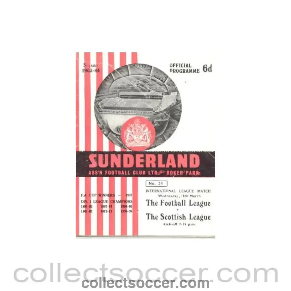 1964 - At Sunderland - The Football League v The Scottish League official programme 18/03/1964 International League Match - Collect Soccer