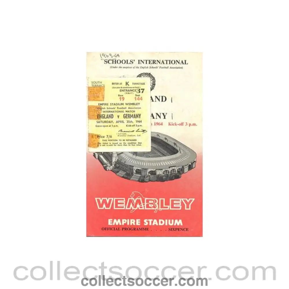 1964 - England v Germany official programme 25/04/1964 with ticket, youth game - Collect Soccer