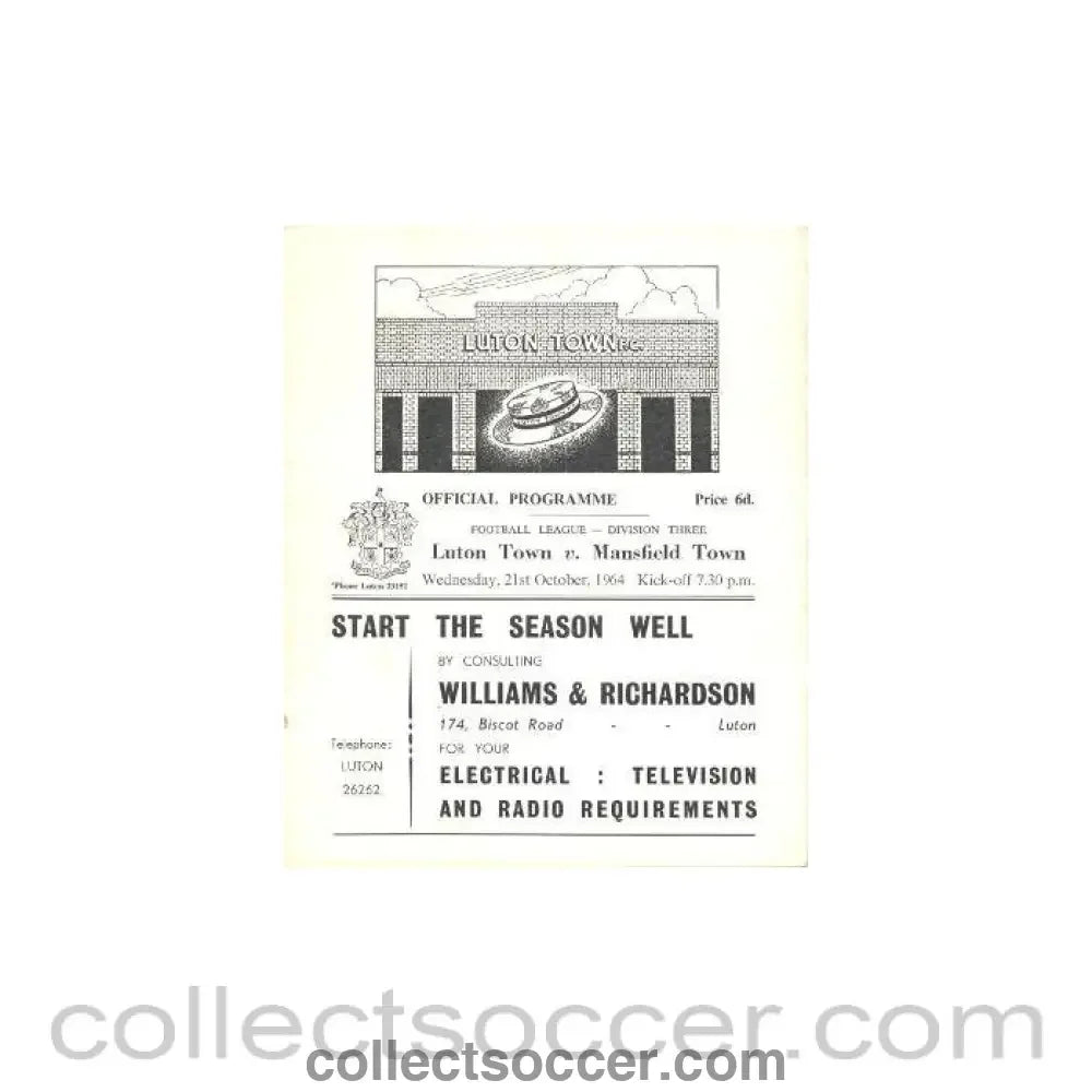 1964 - Luton Town v Mansfield Town official programme 21/10/1964 - Collect Soccer