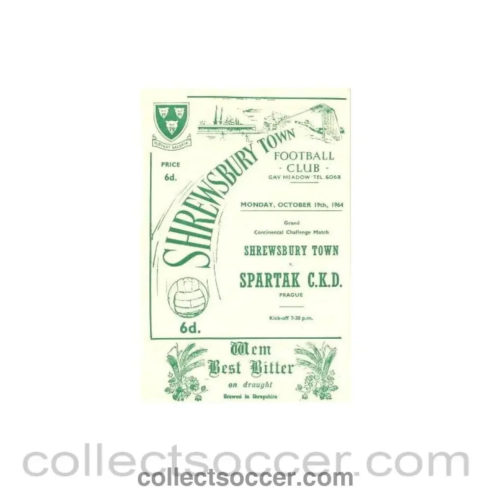 1964 - Shrewsbury Town v Spartak, Prague official programme 19/10/1964 - Collect Soccer