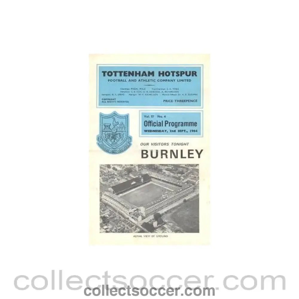 1964 - Tottenham Hotspur v Burnley official programme 02/09/1964 Football League - Collect Soccer