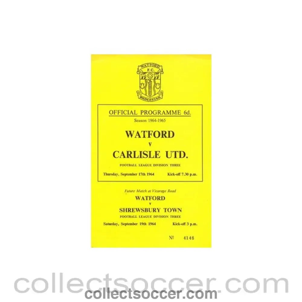 1964 - Watford v Carlisle United official programme 17/09/1964 Football League - Collect Soccer