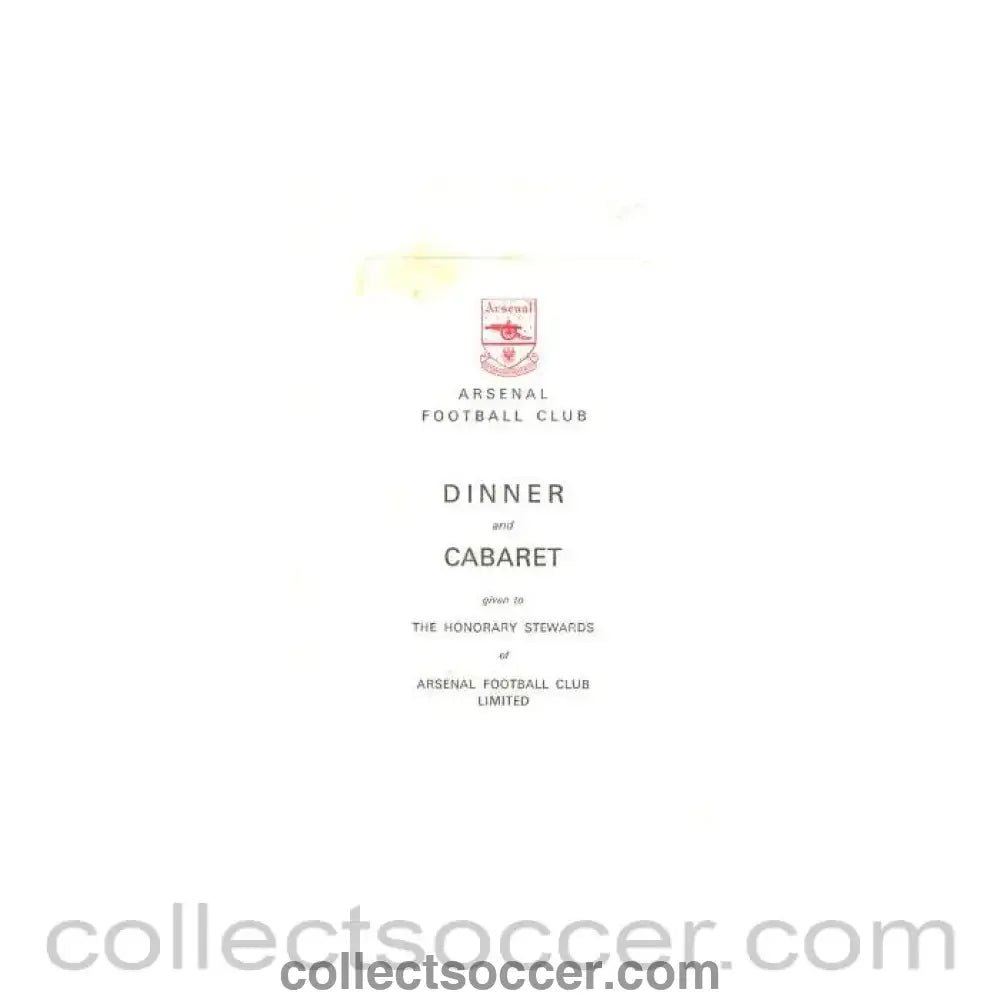 1965 - Arsenal - Dinner & Cabaret to The Honorary Stewards of Arsenal FC menu 22/11/1965 - Collect Soccer