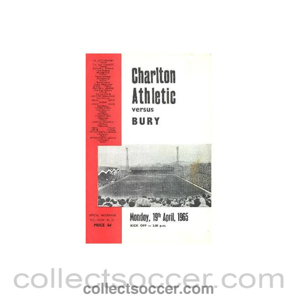 1965 - Charlton Athletic v Bury official programme 19/04/1965 Football League