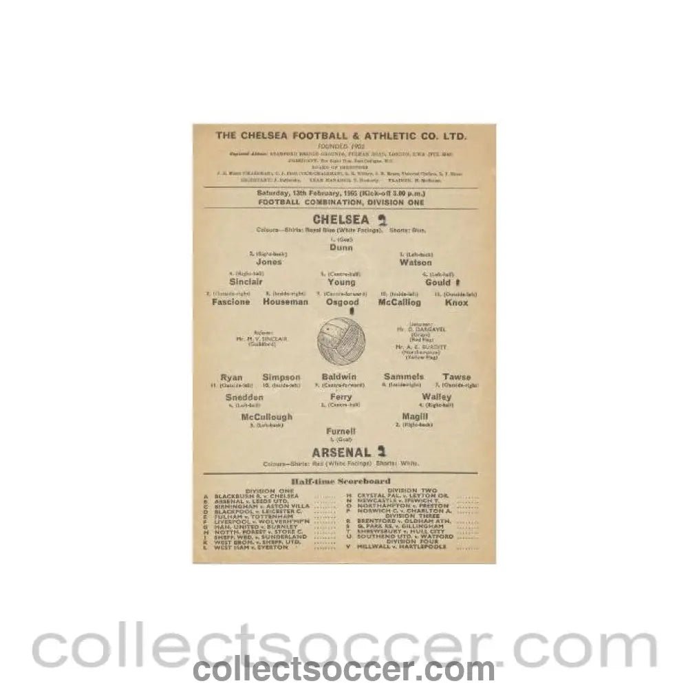 1965 - Chelsea Reserves v Arsenal Reserves official programme 13/02/1965 - Collect Soccer
