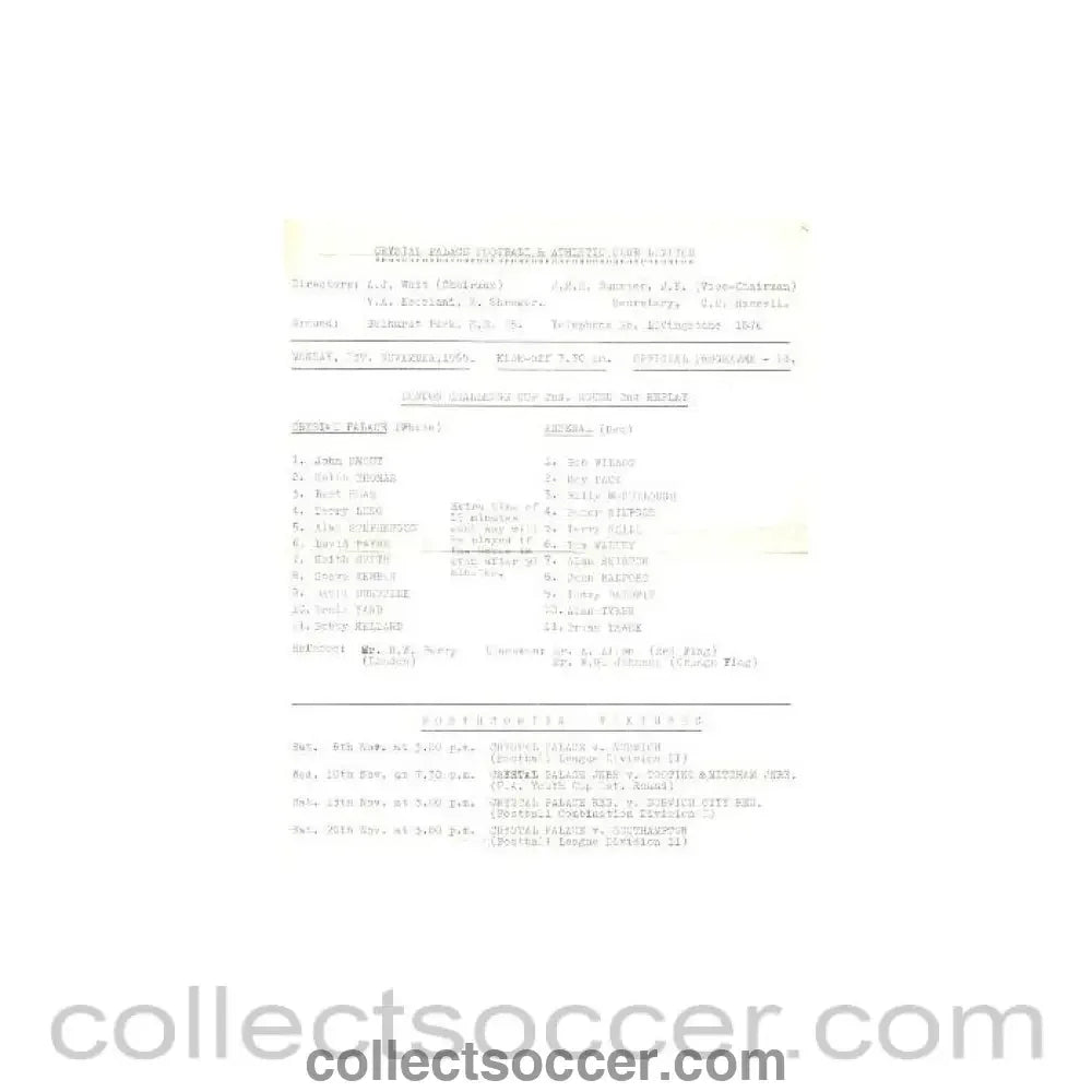 1965 - Crystal Palace v Arsenal official teamsheet 01/11/1965 - Collect Soccer